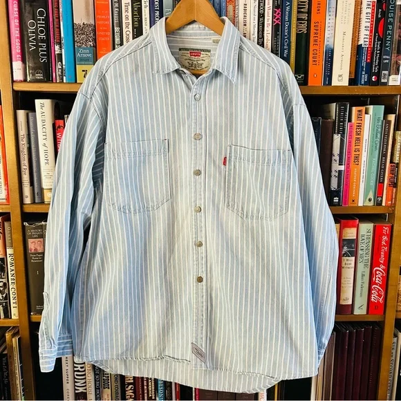 Vintage Levi's 1990s Striped Chambray Denim Long Sleeve Shirt, size XL FLAW - Picture 1 of 11